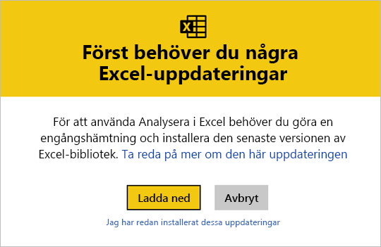 Skärmbild av Excel-uppdateringar.