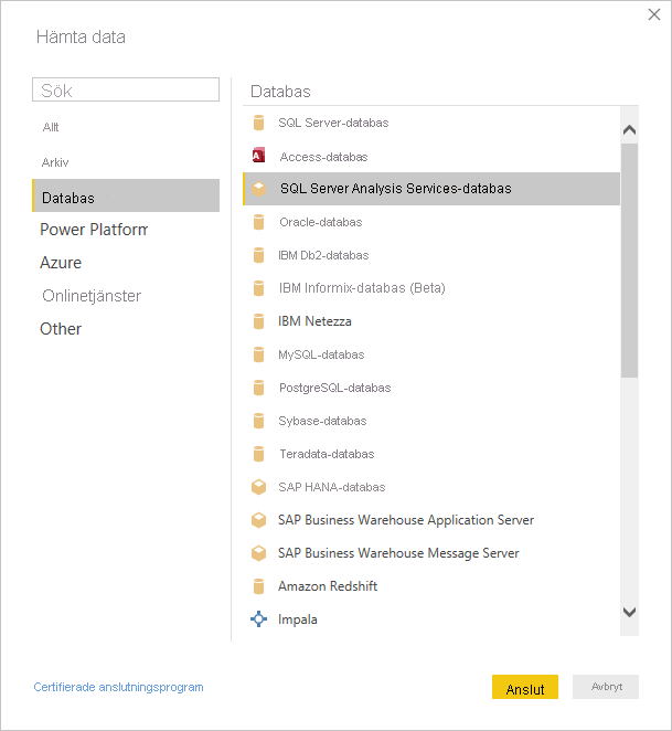 Skärmbild som visar dialogrutan Hämta data med SQL Server Analysis Services-databasen markerad.