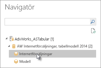 Skärmbild som visar navigatörens tabellmodell eller perspektiv.