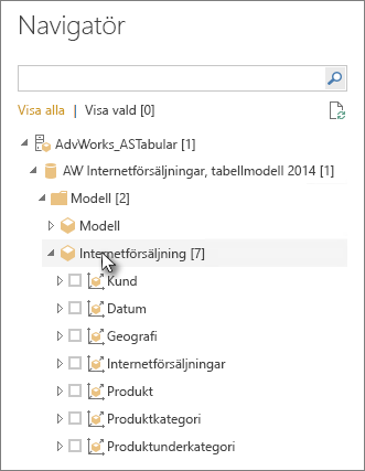 Skärmbild som visar den navigatortabell eller kolumn som ska läsas in.