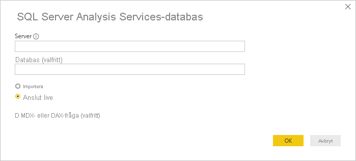 Skärmbild som visar databasfönstret för SQL Server Analysis Services.