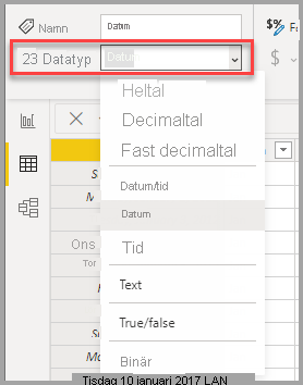 Screenshot of Data View, showing the Data type dropdown selection.