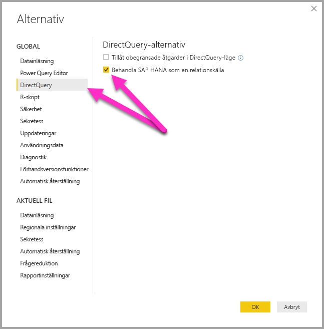 Skärmbild av dialogrutan Alternativ som visar DirectQuery-alternativen.