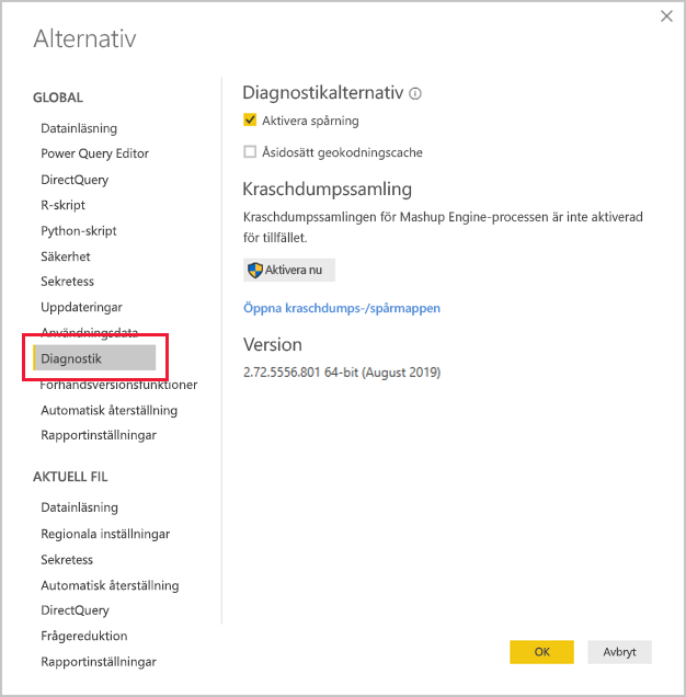 Screenshot of the Diagnostics section of the Power BI Desktop Options screen with the link to open the crash dump/traces folder.