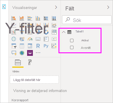 Screenshot shows the table created with the two fields loaded into Power BI Desktop.