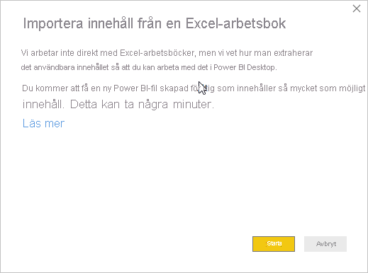 Skärmbild som visar meddelandet Importera Excel-arbetsboksinnehåll.