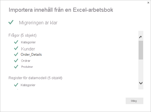 Skärmbild som visar sammanfattningssidan för import av Excel-arbetsboksinnehåll.