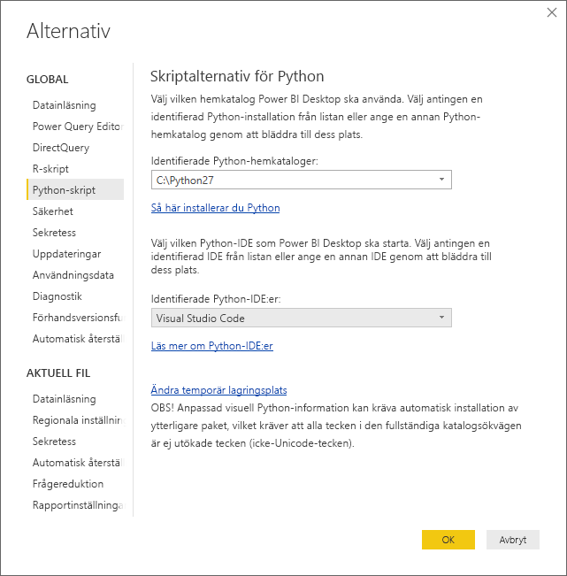 Screenshot of the Options dialog, showing Visual Studio Code entered in the Detected Python IDE field.