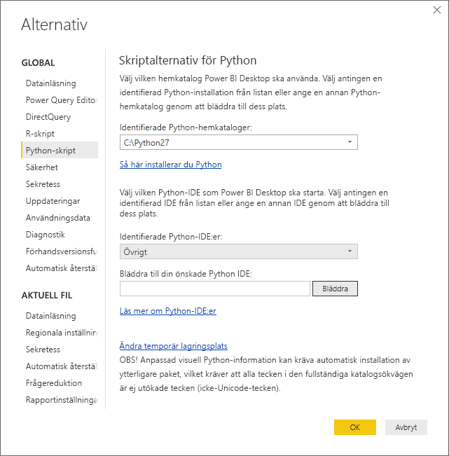 Screenshot of the Options dialog, showing Other entered in the Detected Python IDE field.