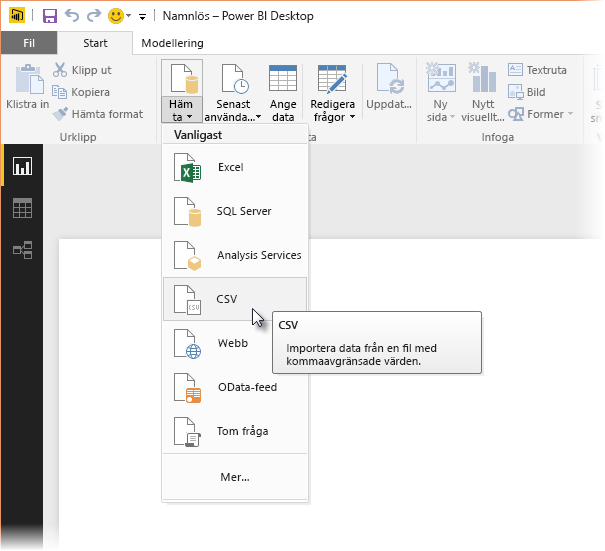 Screenshot of the Get Data ribbon in Power BI Desktop, showing the CSV selection.