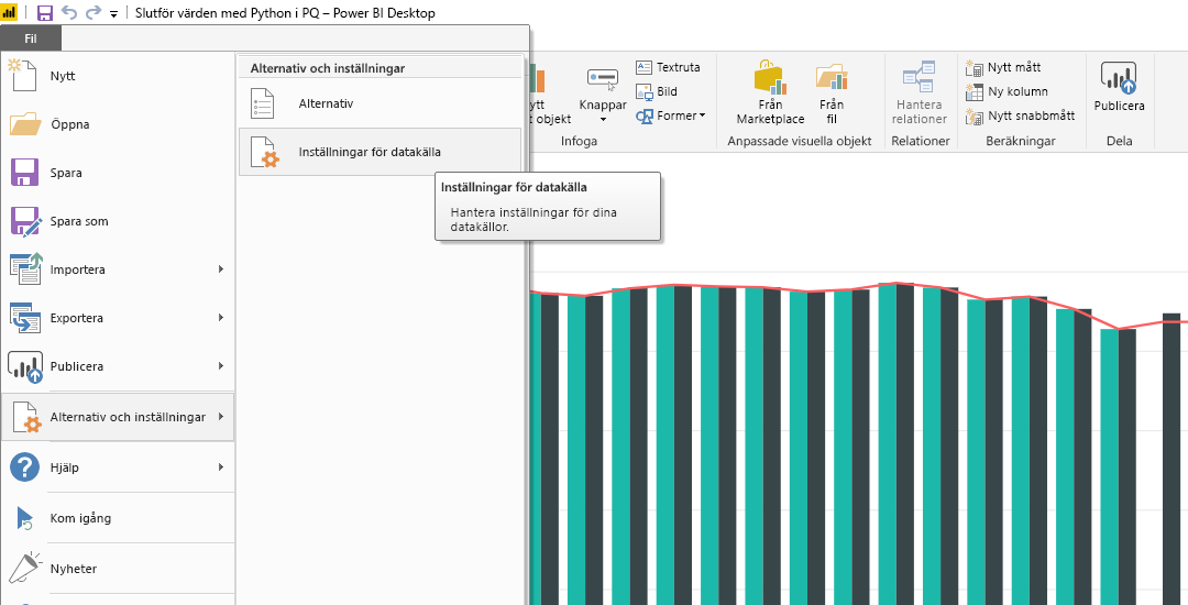 Screenshot of the File menu in Power BI Desktop, showing the Data source settings selection.