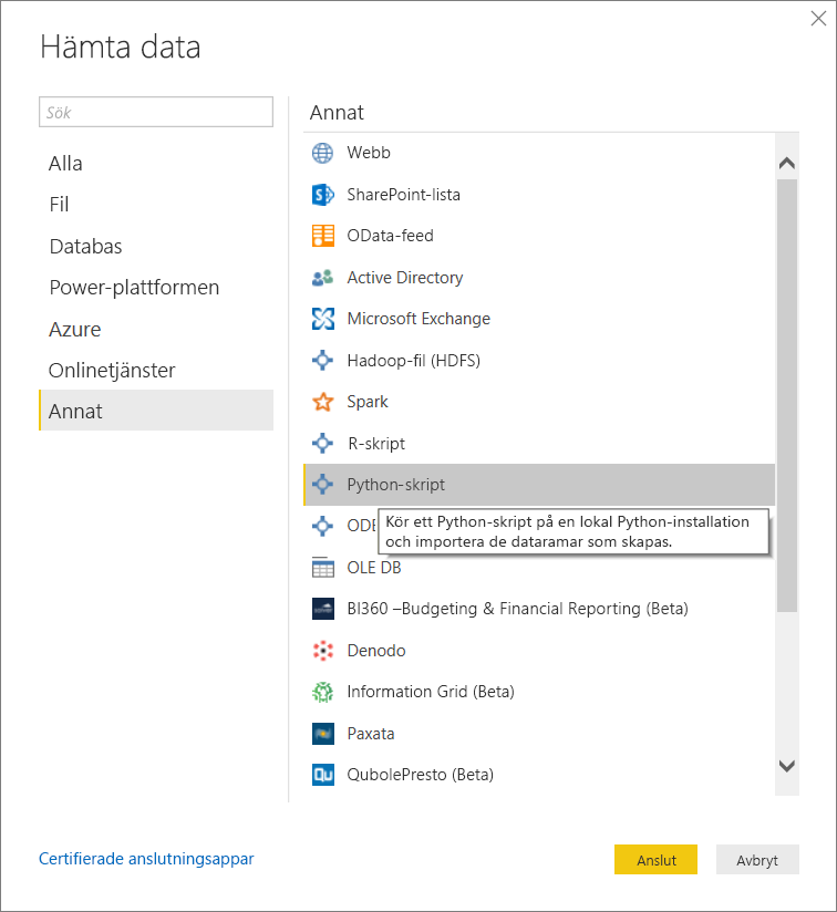 Skärmbild som visar Hämta data med Python-skript valt.