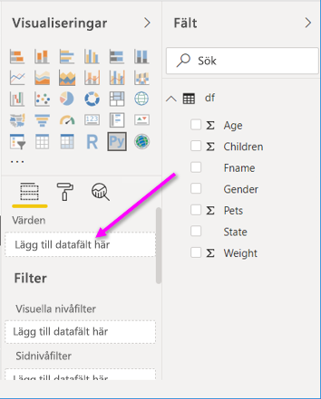 Skärmbild som visar Dra för att lägga till datafält här.