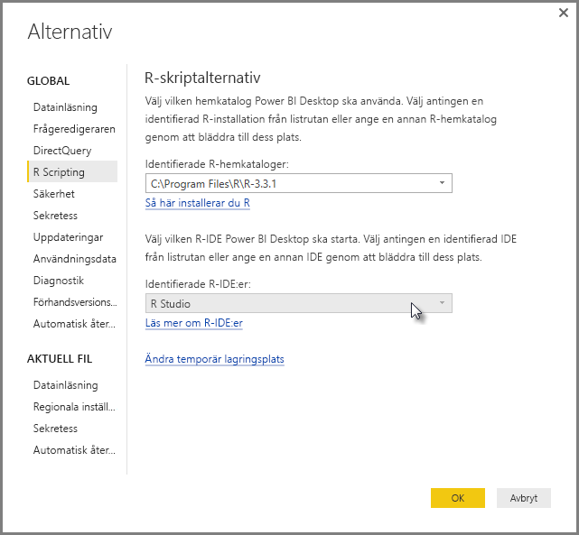 Screenshot of the Options dialog, showing R Studio is entered in the Detected R I D E field.