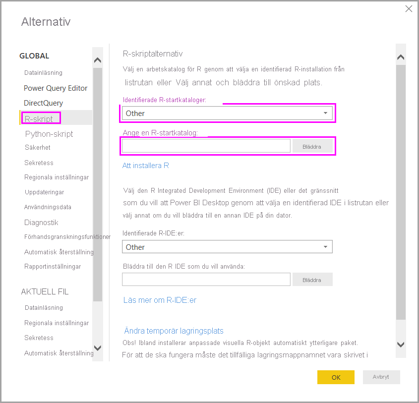 Screenshot of the Options dialog showing R script options with Set an R home directory highlighted.