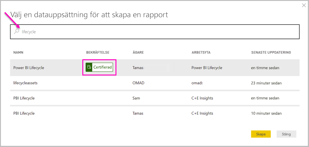 Skärmbild som visar listan över tillgängliga semantiska modeller.