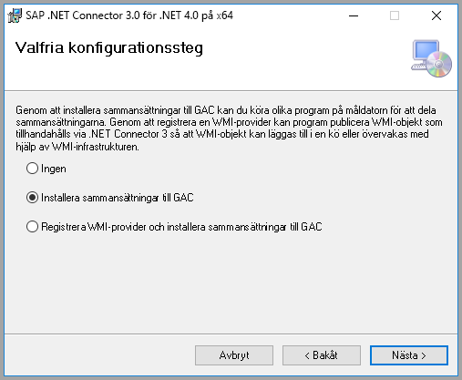 Skärmbild av de valfria installationsstegen för SAP med Installera sammansättningar till GAC valt.