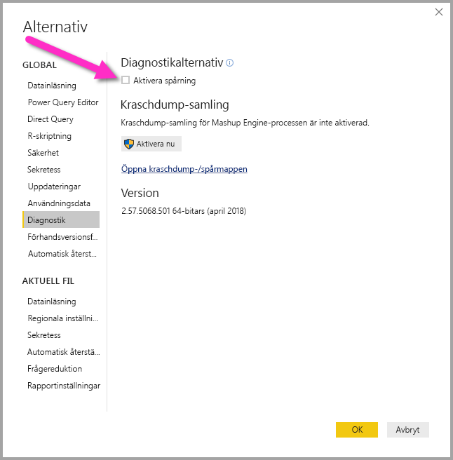 Screenshot shows the option to enable tracing in Power BI Desktop.