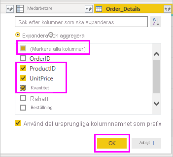 Screenshot that highlights the ProductID, UnitPrice, and Quantity columns.