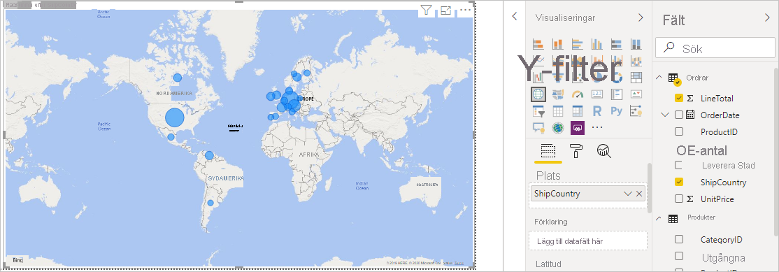 Screenshot that shows the LineTotals by ShipCountry map visualization.