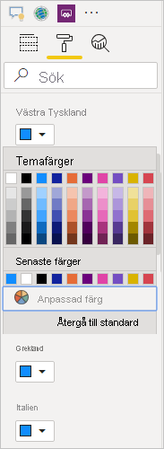 Skärmbild som visar färger som du kan välja för att ändra färg, inklusive Temafärger och Senaste färger.