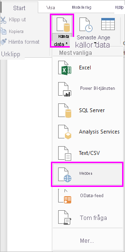 Skärmbild som visar alternativet Hämta data i menyfliksområdet med Webb valt.