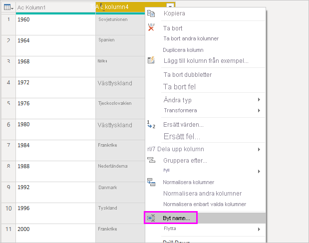 Skärmbild som visar alternativet Byt namn valt från snabbmenyn för en kolumn.