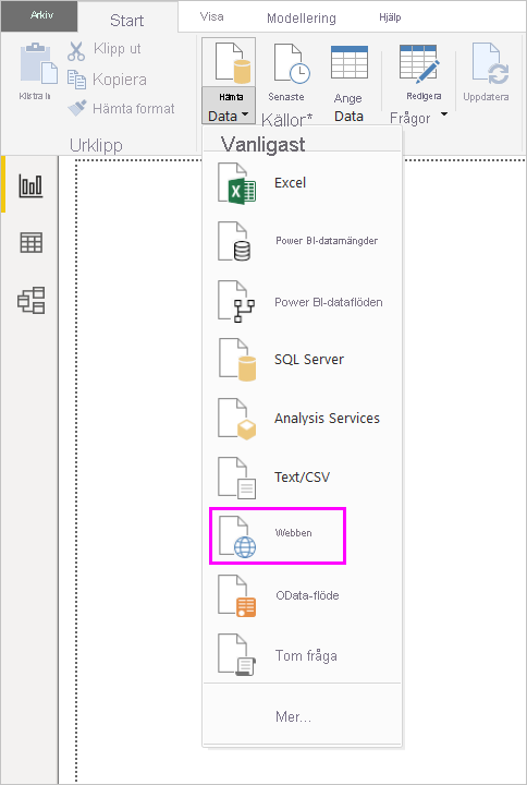 Screenshot of the Get Data ribbon in Power BI Desktop, showing the Web selection.