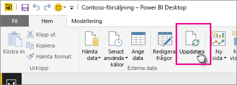 Skärmbild av menyfliksområdet Start i Power BI Desktop med alternativet Uppdatera.