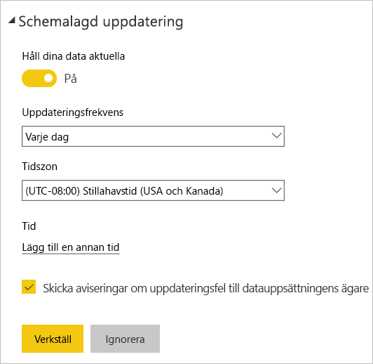 Skärmbild av dialogrutan Schemalagd uppdatering i Power BI-tjänst.