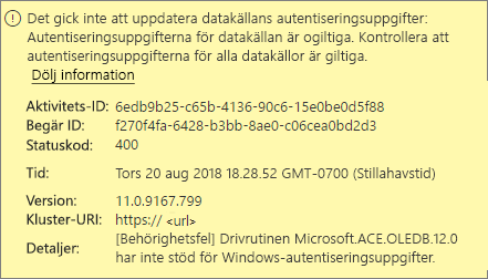 Skärmbild som visar ett felmeddelande om autentiseringsuppgifter för datakällan.