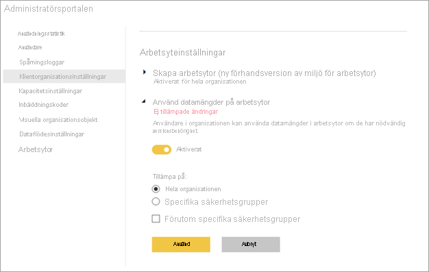 Inställningar för Power BI-administratörsarbetsyta