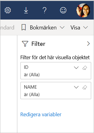 Skärmbild som visar länken Redigera variabler i fönstret Filter.