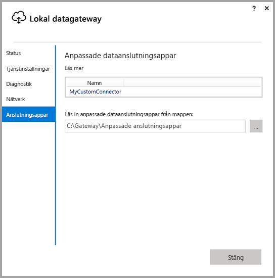 Screenshot that shows the Custom data connectors screen in the On-premises data gateway app.