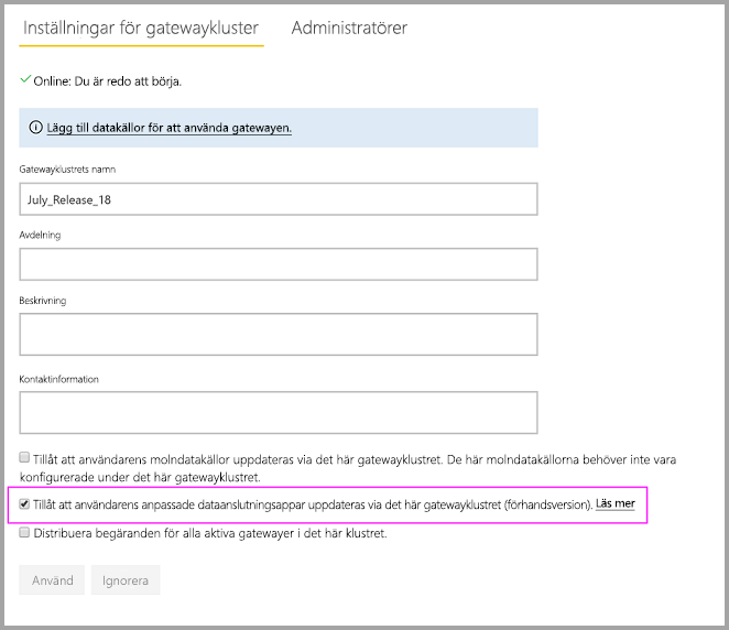 Screenshot that shows enabling custom connectors on the on-premises gateway Settings page.