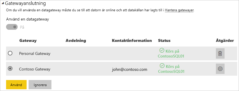 Skärmbild av hur du skapar gatewayanslutning.