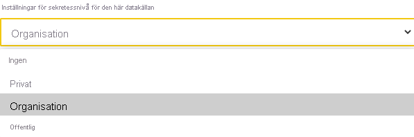 Skärmbild av sekretessnivåvalen för datakällor.