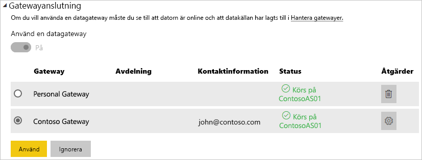 Skärmbild av att välja den lokala gateway som ska användas för schemalagd uppdatering.