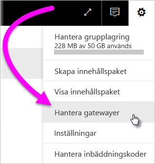 Skärmbild som visar kugghjulsikonen med snabbmenyn med Hantera anslutningar och gatewayer valda.