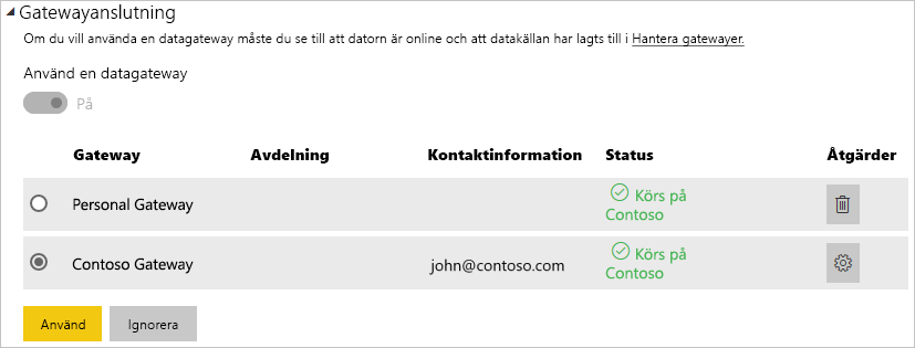 Screenshot that shows the gateway connection settings.