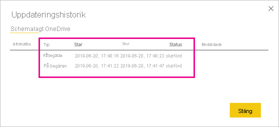 Skärmbild som visar skärmen Uppdateringshistorik.