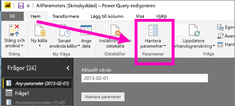 Screenshot of Power Query Editor Home tab showing Manage Parameters option in Power BI Desktop.