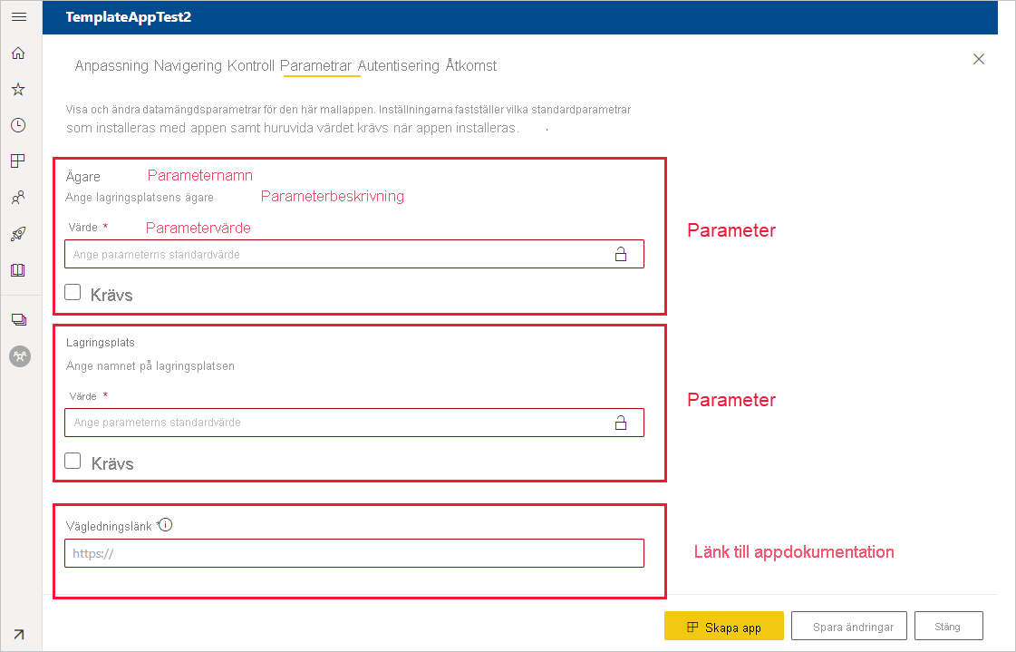 Skärmbild som visar fliken Parametrar.