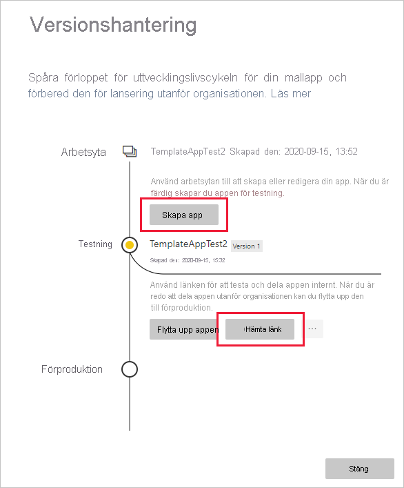 Skärmbild av fönstret Versionshantering med länken Hämta markerad.