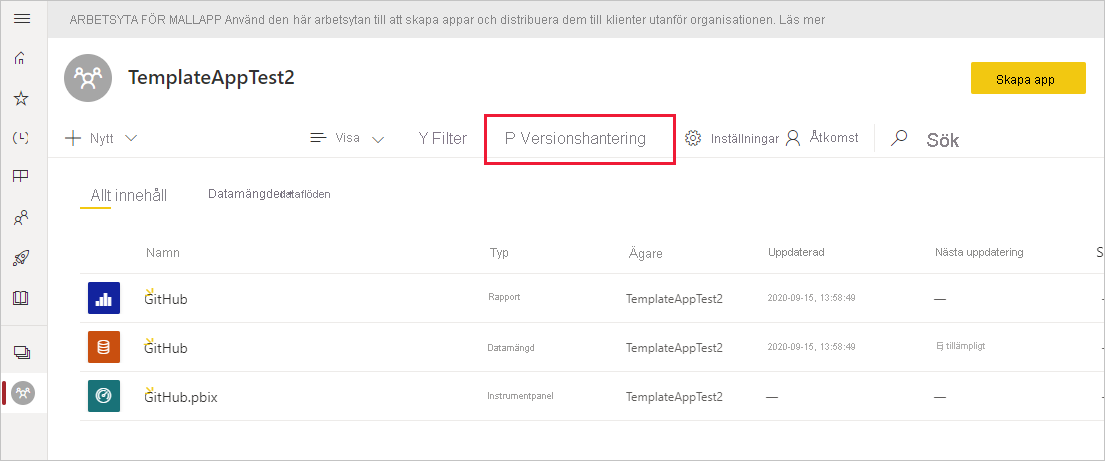 Skärmbild som visar Versionshantering på mallarbetsytan.