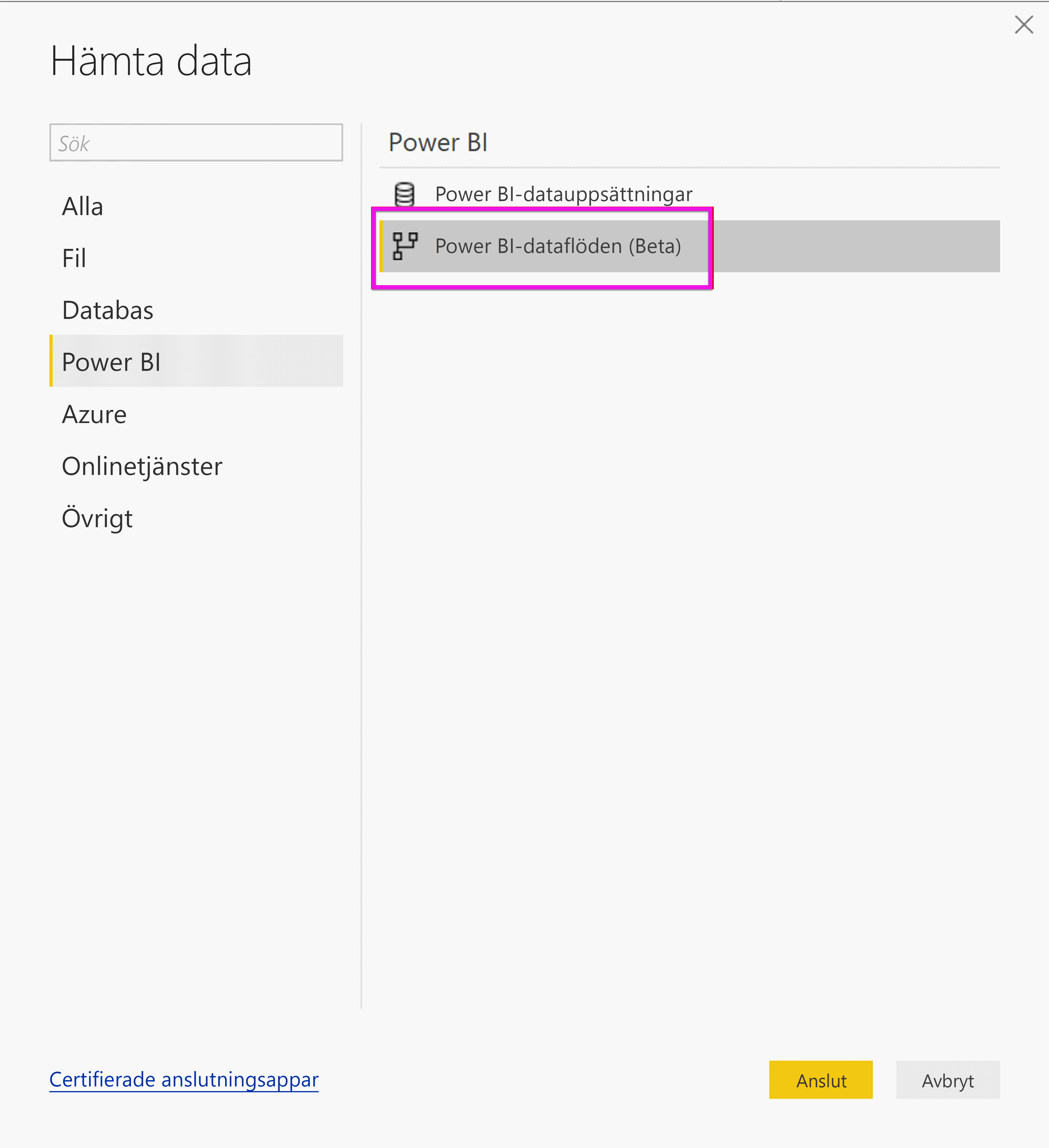 Screenshot shows the Get Data pane with Power BI dataflows selected.