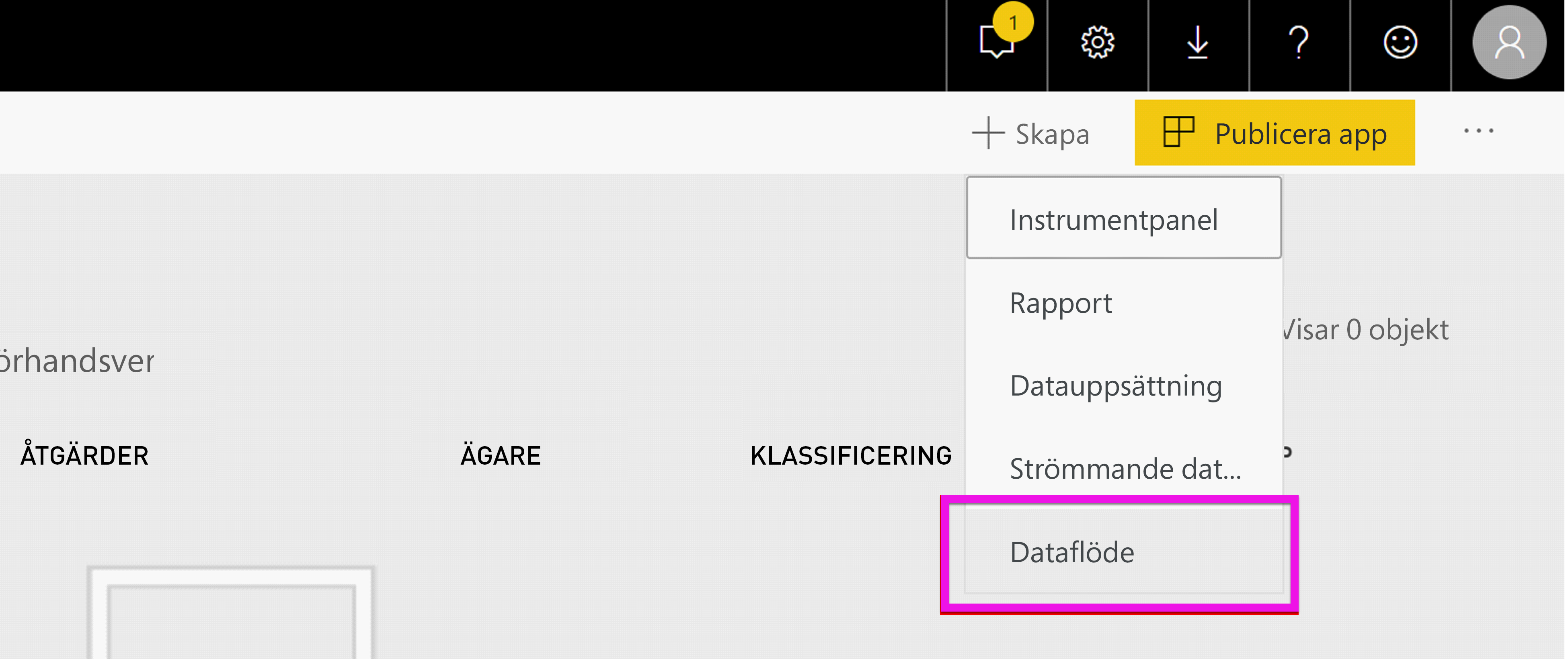 Screenshot shows the Power BI workspace with Create, then Dataflow, selected.