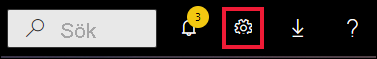 Skärmbild som visar menyraden i Power BI. Sökrutan och några ikonknappar visas. Kugghjulsikonen framhävs.