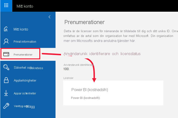 Fliken Prenumerationer i Office-portalen