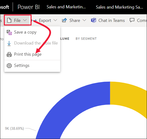 Skärmbild av menyn Power BI-tjänst Arkiv öppna och Skriv ut den här sidan markerad.